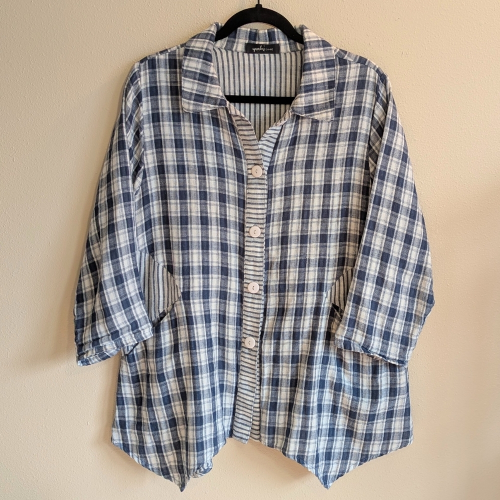 Yushi Shirt Gauze Women's 3/4 sleeve White Black Plaid Button Up 100% Cotton